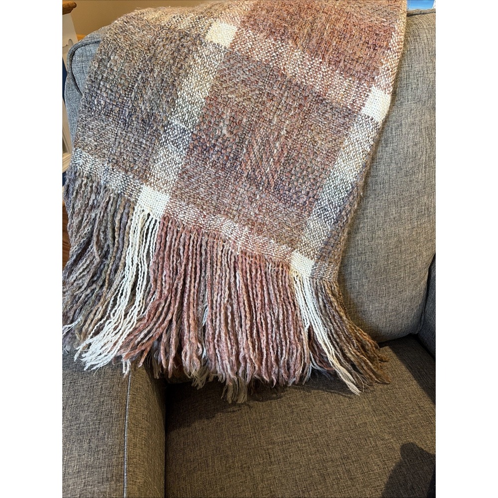 Kennebunk Weavers Throw Blanket Brown Plaid Knitted Fringe USA - Picture 7 of 7